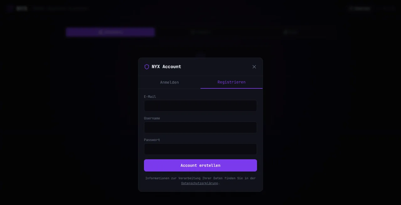 Nyx Registrierungsformular: E-Mail, Benutzername, Passwort